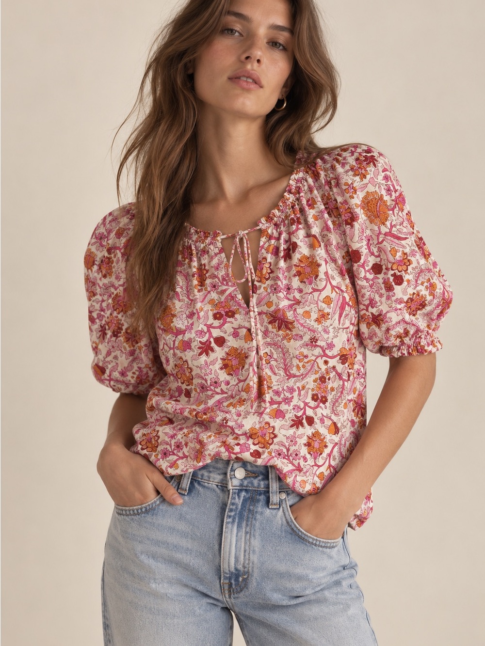 Knox Rose Floral Tie-Neck Puff Sleeve - Pink & Orange Peasant Puff Top Size XL